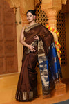 Gaurangi ~ Handloom Cotton Silk Saree with Golden Border in Exclusive Dual Tone Brown with Blue Pallu - verymuchindian.com