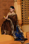 Gaurangi ~ Handloom Cotton Silk Saree with Golden Border in Exclusive Dual Tone Brown with Blue Pallu - verymuchindian.com