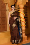 Gaurangi ~ Handloom Cotton Silk Saree with Golden Border in Exclusive Dual Tone Brown with Blue Pallu - verymuchindian.com