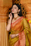 Gaurangi ~ Handloom Cotton Silk Saree with Golden Border in Exclusive Dual Tone Green Red - verymuchindian.com