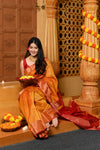 Gaurangi ~ Handloom Cotton Silk Saree with Golden Border in Exclusive Dual Tone Yellow Red - verymuchindian.com