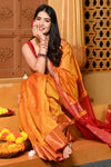 Gaurangi ~ Handloom Cotton Silk Saree with Golden Border in Exclusive Dual Tone Yellow Red - verymuchindian.com