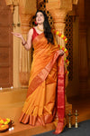 Gaurangi ~ Handloom Cotton Silk Saree with Golden Border in Exclusive Dual Tone Yellow Red - verymuchindian.com