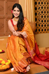 Gaurangi ~ Handloom Cotton Silk Saree with Golden Border in Exclusive Dual Tone Yellow Red - verymuchindian.com