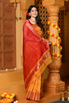 Gaurangi ~ Handloom Cotton Silk Saree with Golden Border in Exclusive Dual Tone Yellow Red - verymuchindian.com