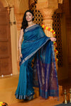 Gaurangi ~ Handloom Cotton Silk Saree with Golden Border in Exclusive Indigo Blue - verymuchindian.com