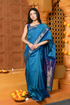 Gaurangi ~ Handloom Cotton Silk Saree with Golden Border in Exclusive Indigo Blue - verymuchindian.com