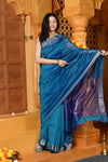 Gaurangi ~ Handloom Cotton Silk Saree with Golden Border in Exclusive Indigo Blue - verymuchindian.com