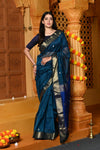 Gaurangi ~ Handloom Cotton Silk Saree with Golden Border in Exclusive Indigo Blue with Vine Pallu - verymuchindian.com