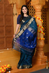 Gaurangi ~ Handloom Cotton Silk Saree with Golden Border in Exclusive Indigo Blue with Vine Pallu - verymuchindian.com