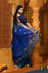 Gaurangi ~ Handloom Cotton Silk Saree with Golden Border in Exclusive Indigo Blue with Vine Pallu - verymuchindian.com