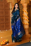 Gaurangi ~ Handloom Cotton Silk Saree with Golden Border in Exclusive Indigo Blue with Vine Pallu - verymuchindian.com