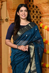 Gaurangi ~ Handloom Cotton Silk Saree with Golden Border in Exclusive Indigo Blue with Vine Pallu - verymuchindian.com
