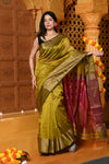 Gaurangi ~ Handloom Cotton Silk Saree with Golden Border in Exclusive Lemon Yellow with Red Pallu - verymuchindian.com