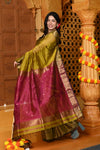 Gaurangi ~ Handloom Cotton Silk Saree with Golden Border in Exclusive Lemon Yellow with Red Pallu - verymuchindian.com