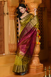 Gaurangi ~ Handloom Cotton Silk Saree with Golden Border in Exclusive Lemon Yellow with Red Pallu - verymuchindian.com