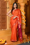 Gaurangi ~ Handloom Cotton Silk Saree with Golden Border in Exclusive Orange and Pink - verymuchindian.com