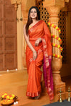 Gaurangi ~ Handloom Cotton Silk Saree with Golden Border in Exclusive Orange and Pink - verymuchindian.com