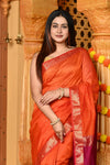 Gaurangi ~ Handloom Cotton Silk Saree with Golden Border in Exclusive Orange and Pink - verymuchindian.com