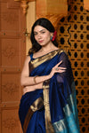 Gaurangi ~ Handloom Cotton Silk Saree with Golden Border in Exclusive Rich Blue - verymuchindian.com