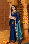 Gaurangi ~ Handloom Cotton Silk Saree with Golden Border in Exclusive Rich Blue - verymuchindian.com