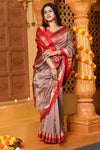 Gaurangi ~ Handloom Cotton Silk Saree with Golden Border in Exclusive Slake with Red - verymuchindian.com