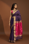 Gaurangi ~ Handloom Cotton Silk Saree with Golden Border in Exclusive Violet with Pink Pallu - verymuchindian.com