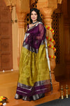 Gaurangi ~ Handloom Cotton Silk Saree with Silver Border in Exclusive Wine with Yellow Pallu - verymuchindian.com