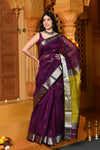 Gaurangi ~ Handloom Cotton Silk Saree with Silver Border in Exclusive Wine with Yellow Pallu - verymuchindian.com