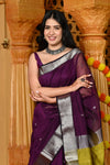Gaurangi ~ Handloom Cotton Silk Saree with Silver Border in Exclusive Wine with Yellow Pallu - verymuchindian.com