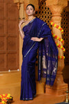 Gaurangi ~ Handloom Cotton Silk Saree with Sleek Golden Border in Exclusive Indigo Blue - verymuchindian.com