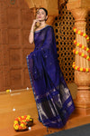 Gaurangi ~ Handloom Cotton Silk Saree with Sleek Golden Border in Exclusive Indigo Blue - verymuchindian.com