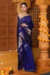 Gaurangi ~ Handloom Cotton Silk Saree with Sleek Golden Border in Exclusive Indigo Blue - verymuchindian.com