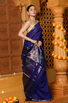 Gaurangi ~ Handloom Cotton Silk Saree with Sleek Golden Border in Exclusive Indigo Blue - verymuchindian.com