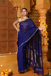 Gaurangi ~ Handloom Cotton Silk Saree with Sleek Golden Border in Exclusive Indigo Blue - verymuchindian.com