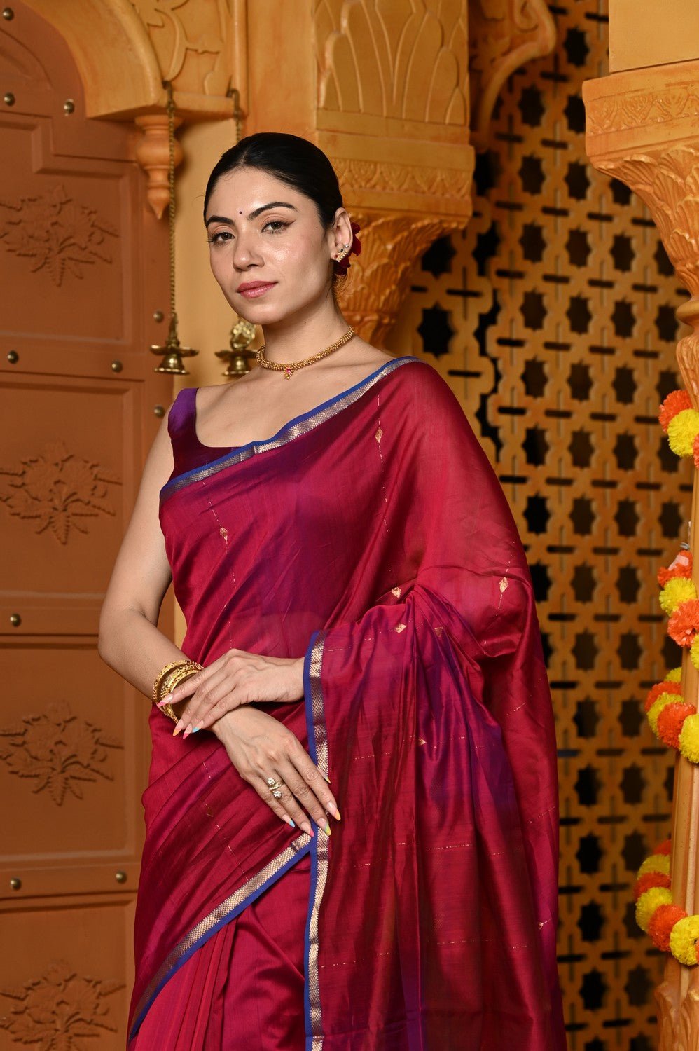 Gaurangi ~ Handloom Cotton Silk Saree with Sleek Golden Border in Exclusive Maroon - verymuchindian.com