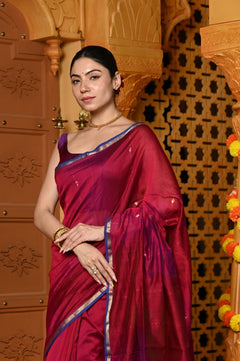 Gaurangi ~ Handloom Cotton Silk Saree with Sleek Golden Border in Exclusive Maroon - verymuchindian.com