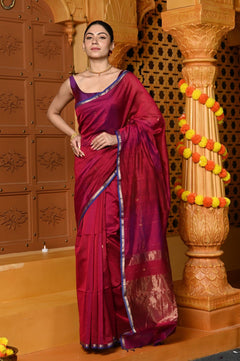 Gaurangi ~ Handloom Cotton Silk Saree with Sleek Golden Border in Exclusive Maroon - verymuchindian.com