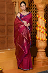 Gaurangi ~ Handloom Cotton Silk Saree with Sleek Golden Border in Exclusive Maroon - verymuchindian.com