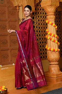 Gaurangi ~ Handloom Cotton Silk Saree with Sleek Golden Border in Exclusive Maroon - verymuchindian.com