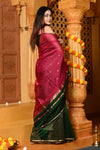 Gaurangi ~ Handloom Cotton Silk Saree with Sleek Golden Border in Exclusive Royal Green Pink - verymuchindian.com