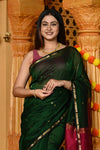 Gaurangi ~ Handloom Cotton Silk Saree with Sleek Golden Border in Exclusive Royal Green Pink - verymuchindian.com