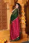 Gaurangi ~ Handloom Cotton Silk Saree with Sleek Golden Border in Exclusive Royal Green Pink - verymuchindian.com