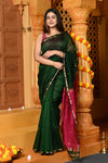 Gaurangi ~ Handloom Cotton Silk Saree with Sleek Golden Border in Exclusive Royal Green Pink - verymuchindian.com