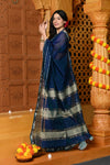 Gaurangi ~ Handloom Cotton Silk with Sleek Designer Border in Peacock Blue - verymuchindian.com