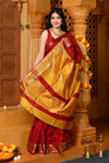 Gaurangi ~ Handloom Cotton Silk with Sleek Designer Border in Red Yellow - verymuchindian.com