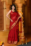Gaurangi ~ Handloom Cotton Silk with Sleek Designer Border in Red Yellow - verymuchindian.com