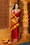 Gaurangi ~ Handloom Cotton Silk with Sleek Designer Border in Red Yellow - verymuchindian.com