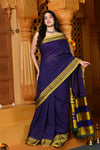 Gaurangi ~ Handloom Pure Cotton Ilkal Saree with Resham Pallu in Marine Blue - verymuchindian.com