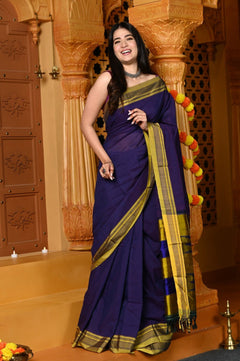 Gaurangi ~ Handloom Pure Cotton Ilkal Saree with Resham Pallu in Marine Blue - verymuchindian.com